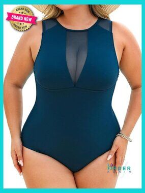 One Piece Swimsuit High Neck Retro Mesh Back Tie Plus Size Bathing Suit